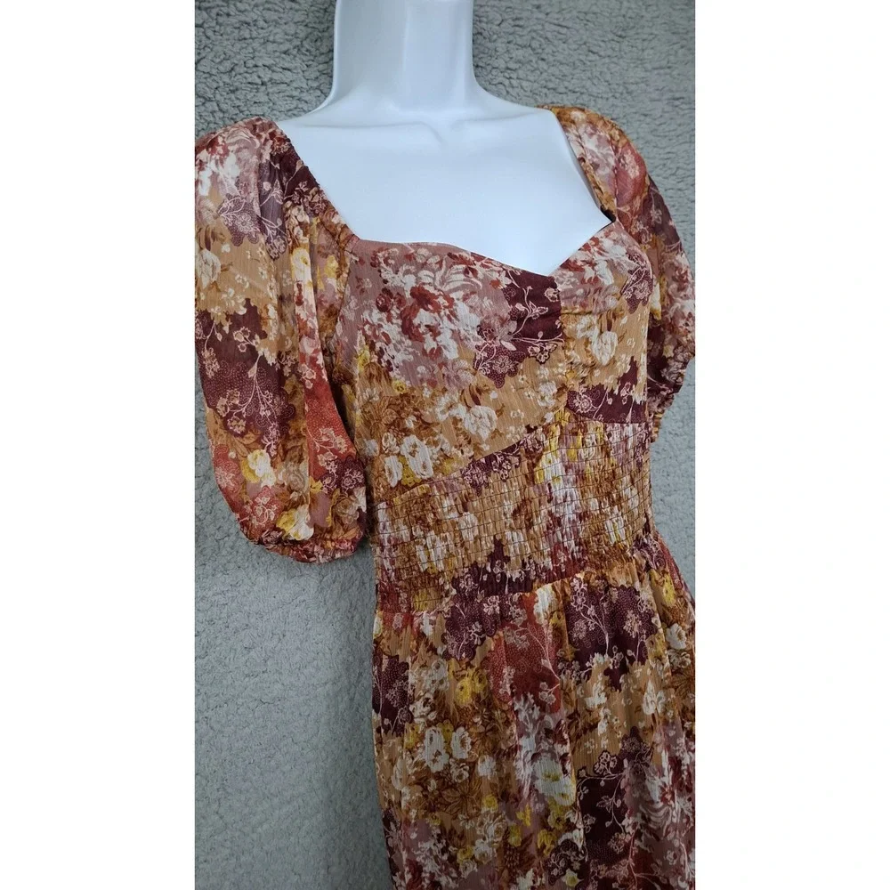 Lauren Conrad Autumn Floral Puff Sleeve Dress Women's Large Smocked Midi